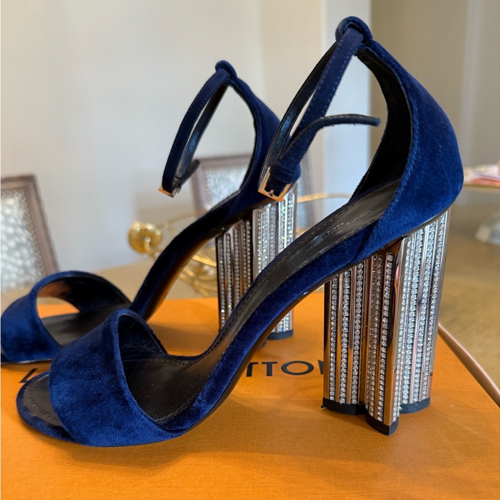Louis Vuitton evening sandals in dark blue velvet with crystal studded heels